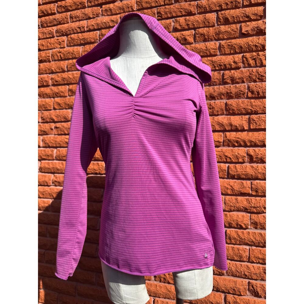 Prana perry pink and purple stripe hooded pullover top long sleeve women's small